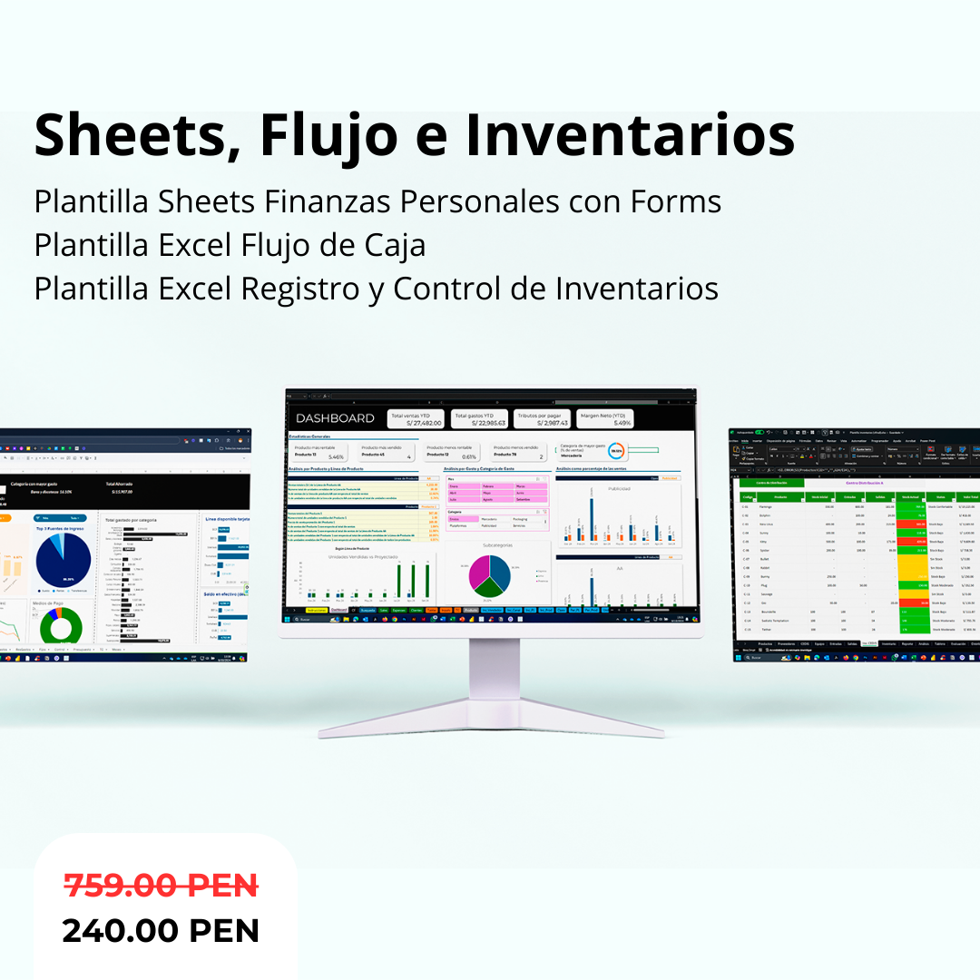 Pack: Google Sheets Finanzas Personales + Excel Flujo de Caja + Excel Registro Inventarios
